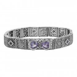 Art Deco Style Filigree Bracelet Genuine Amethyst  Diamond Sterling Silver