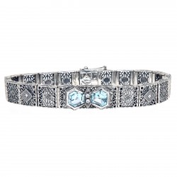 Art Deco Style Filigree Bracelet Genuine Blue Topaz  Diamond Sterling Silver