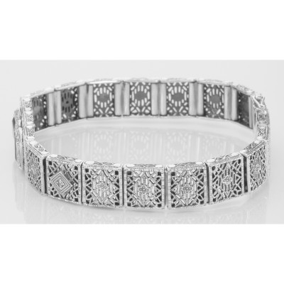 Art Deco Style Filigree Bracelet Genuine Garnet  Diamond Sterling Silver - FB-42-G