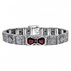 Art Deco Style Filigree Bracelet Genuine Garnet  Diamond Sterling Silver
