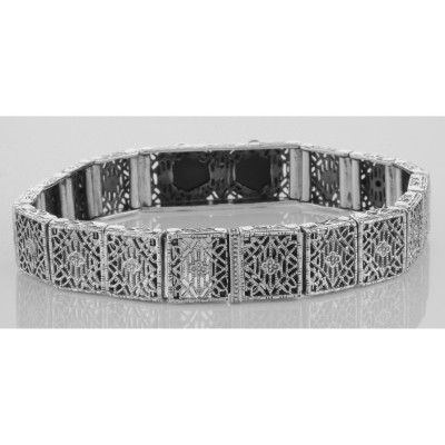 Art Deco Style Filigree Link Bracelet Black Onyx  Diamonds Sterling Silver - FB-42-O