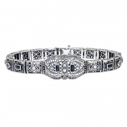 Art Deco Style Blue Sapphire  White Topaz Filigree Bracelet Sterling Silver