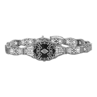 Art Deco Style Black Onyx / Diamond Filigree Bracelet. - Sterling Silver - FB-45-O