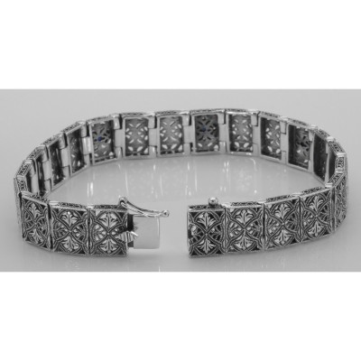 Victorian Style Blue Sapphire and Diamond Filigree Link Bracelet Sterling Silver - FB-46-S