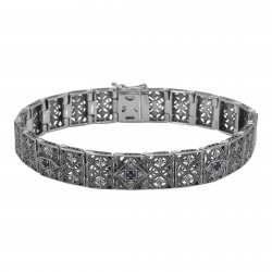 Victorian Style Blue Sapphire and Diamond Filigree Link Bracelet Sterling Silver