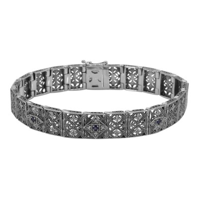 Victorian Style Blue Sapphire and Diamond Filigree Link Bracelet Sterling Silver - FB-46-S