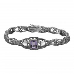 Victorian Style Amethyst Filigree Link Bracelet in Fine Sterling Silver