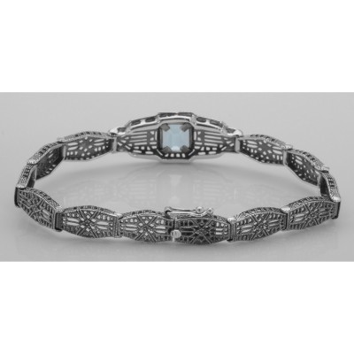 Victorian Style Blue Topaz Filigree Link Bracelet in Fine Sterling Silver - FB-47-BT