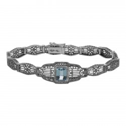 Victorian Style Blue Topaz Filigree Link Bracelet in Fine Sterling Silver