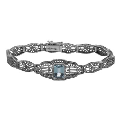 Victorian Style Blue Topaz Filigree Link Bracelet in Fine Sterling Silver - FB-47-BT