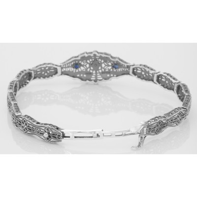 Art Deco Style Blue Sapphire  Diamond Filigree Bracelet in Fine Sterling Silver - FB-52
