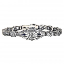 Art Deco Style Blue Sapphire  Diamond Filigree Bracelet in Fine Sterling Silver