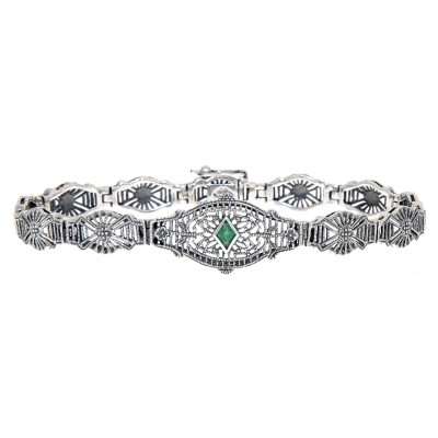 Art Deco Style Genuine Emerald Filigree Bracelet - Sterling Silver 7 1/4 inches - FB-55-E