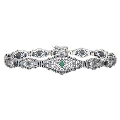 Art Deco Style Genuine Emerald Filigree Bracelet - Sterling Silver 7 1/4 inches - FB-55-E