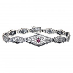 Art Deco Style Genuine Ruby Filigree Bracelet - Sterling Silver 7 1/4 inches