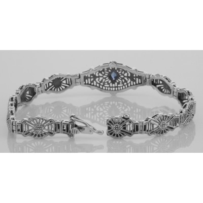 Art Deco Style Blue Sapphire Filigree Bracelet - Sterling Silver 7 1/4 inches - FB-55-S