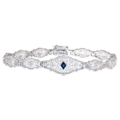 Art Deco Style Blue Sapphire Filigree Bracelet - 14kt White Gold 7 1/4 inches - FB-55-S-WG