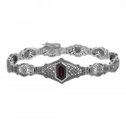 Victorian Style Red Garnet  Diamond Filigree Link Bracelet - Sterling