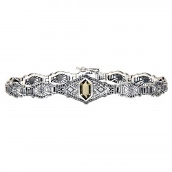 Victorian Style Olive Quartz  Diamond Filigree Link Bracelet Sterling Silver