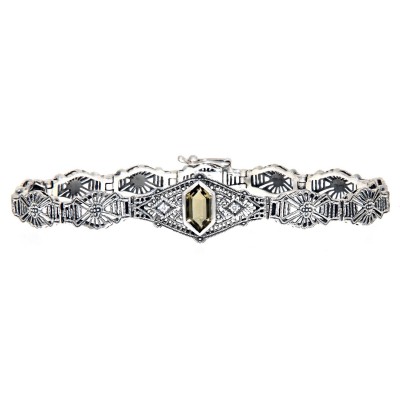 Victorian Style Olive Quartz  Diamond Filigree Link Bracelet Sterling Silver - FB-56-OQ