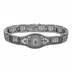 Art Deco Style 3 Stone Camphor Glass and Diamond Filigree Link Bracelet Sterling