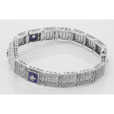 Art Deco Style 3 Stone Blue Lapis and Diamond Filigree Link Bracelet Sterling - FB-57-L