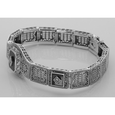 Art Deco Style 3 Stone Black Onyx and Diamond Filigree Link Bracelet Sterling - FB-57-O
