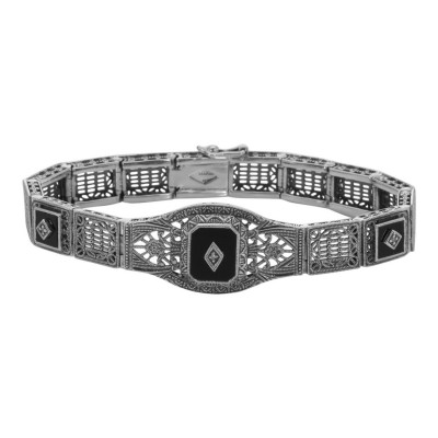 Art Deco Style 3 Stone Black Onyx and Diamond Filigree Link Bracelet Sterling - FB-57-O
