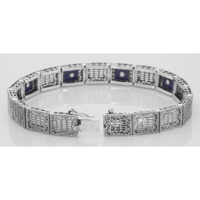 Art Deco Style Filigree Link Bracelet Blue Lapis  Diamonds - Sterling Silver - FB-58-L