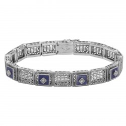 Art Deco Style Filigree Link Bracelet Blue Lapis  Diamonds - Sterling Silver