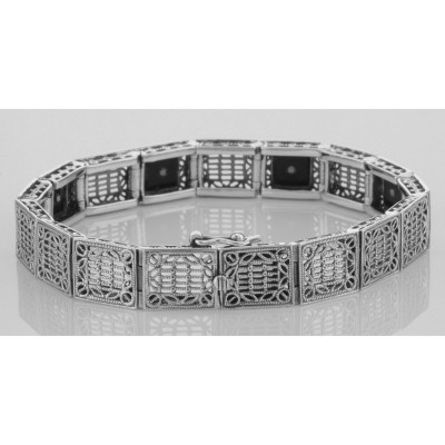 Art Deco Style Filigree Link Bracelet Black Onyx and Diamonds - Sterling Silver - FB-58-O