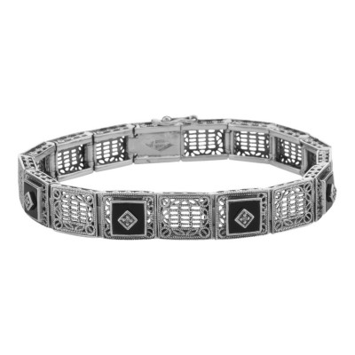 Art Deco Style Filigree Link Bracelet Black Onyx and Diamonds - Sterling Silver - FB-58-O