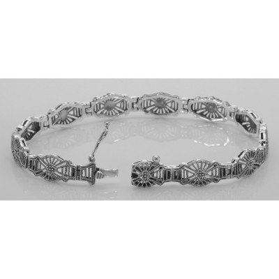 Beautiful Victorian Style 3 Diamond Filigree Link Bracelet - Sterling Silver - FB-61