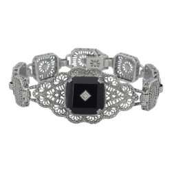 Black Spinel and Diamond Victorian Style Filigree Bracelet Sterling Silver