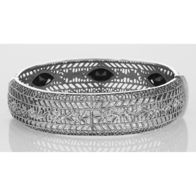 Art Deco Style Filigree Bangle Bracelet Black Oynx Sterling Silver - FBB-1-O