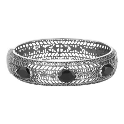 Art Deco Style Filigree Bangle Bracelet Black Oynx Sterling Silver - FBB-1-O