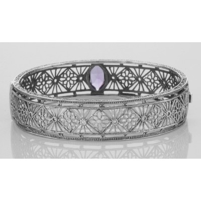 Victorian Style Filigree Amethyst Bangle Bracelet In Fine Sterling Silver - FBB-2-AM