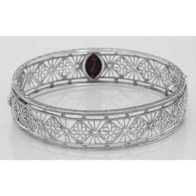 Victorian Style Filigree Garnet Bangle Bracelet In Fine Sterling Silver - FBB-2-G