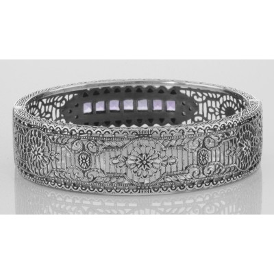 Art Deco Style Amethyst and Diamond Filigree Bangle Sterling Silver - FBB-5-AM