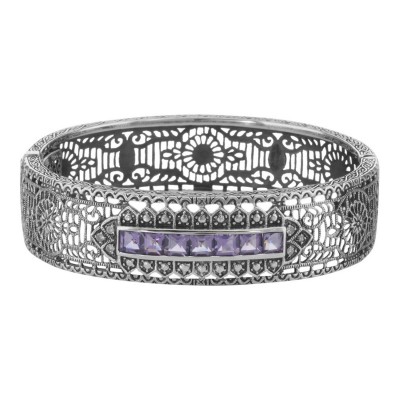 Art Deco Style Amethyst and Diamond Filigree Bangle Sterling Silver - FBB-5-AM