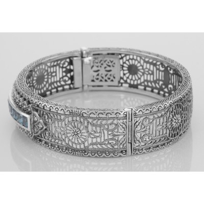 Art Deco Style Filigree Bangle Bracelet w/ Blue Topaz  Diamond Sterling Silver - FBB-5-BT