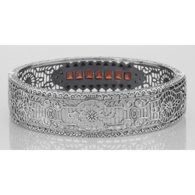 Art Deco Style Red Garnet and Diamond Filigree Bangle Bracelet Sterling Silver - FBB-5-G