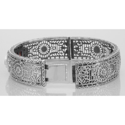 Art Deco Style Red Garnet and Diamond Filigree Bangle Bracelet Sterling Silver - FBB-5-G