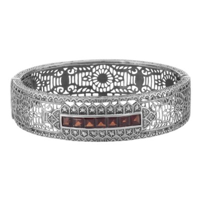 Art Deco Style Red Garnet and Diamond Filigree Bangle Bracelet Sterling Silver - FBB-5-G