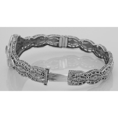 Art Deco Style Camphor Glass Crystal / Diamond Bangle Bracelet - Sterling Silver - FBB-7-CR