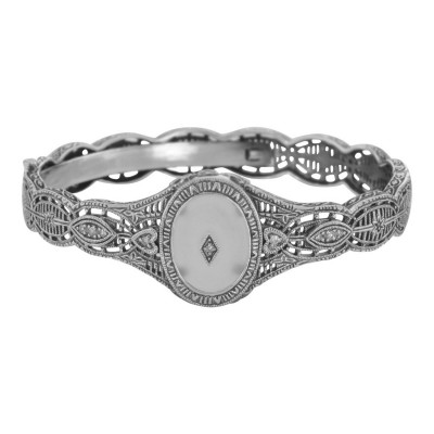 Art Deco Style Camphor Glass Crystal / Diamond Bangle Bracelet - Sterling Silver - FBB-7-CR