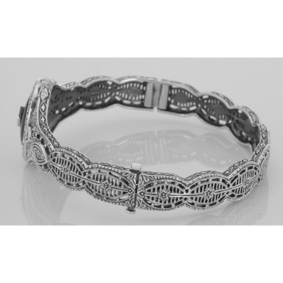 Victorian Style Filigree Black Onyx / Diamond Bangle Bracelet - Sterling Silver - FBB-7-O