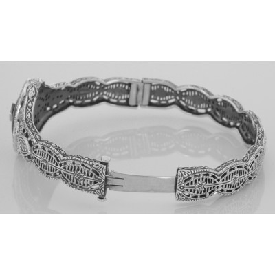 Victorian Style Filigree Black Onyx / Diamond Bangle Bracelet - Sterling Silver - FBB-7-O