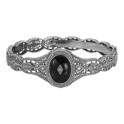 Victorian Style Filigree Black Onyx / Diamond Bangle Bracelet - Sterling Silver - FBB-7-O