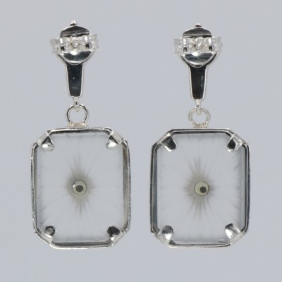 Antique Style Camphor Glass Earrings with Blue Sapphire Center in Fine Sterling Silver - FE-128-SR-S
